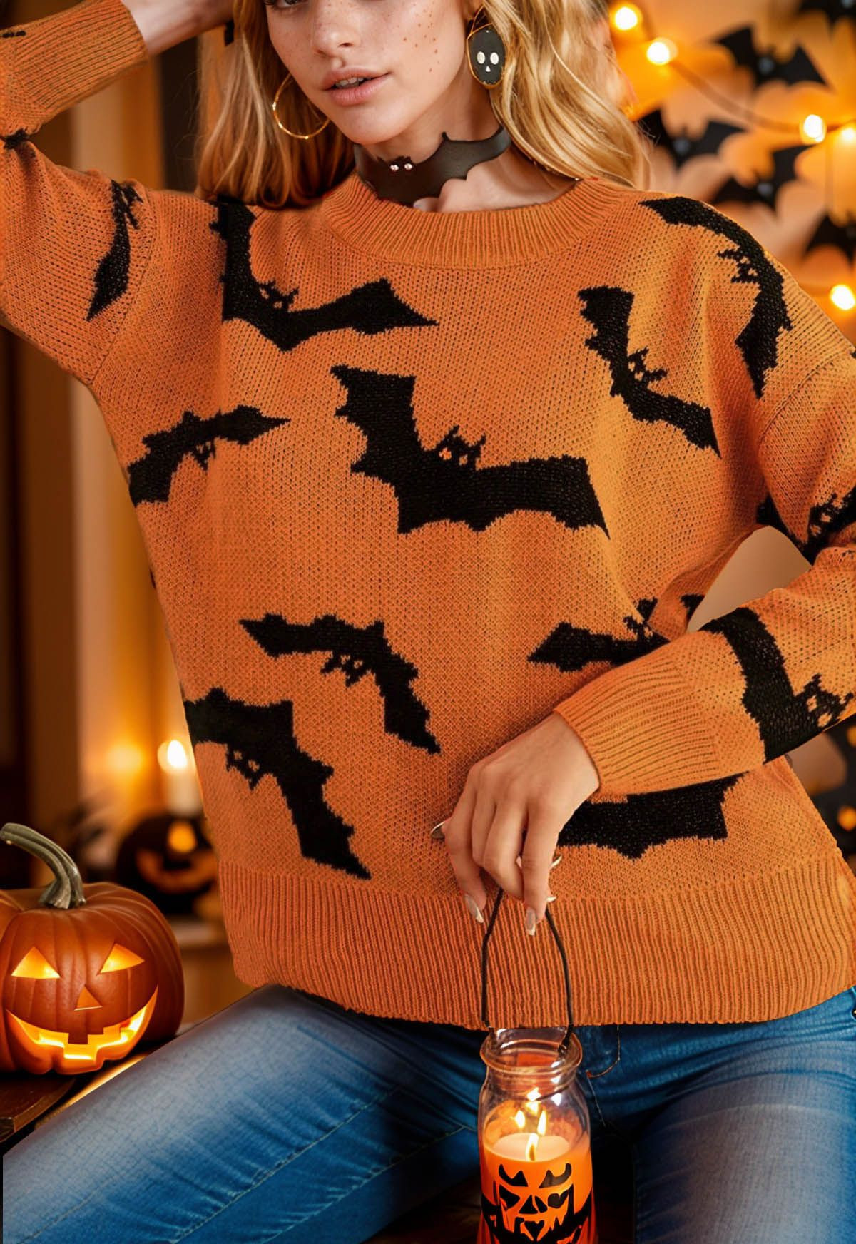 Spooky Bats Pattern Long-Sleeve Knit Sweater | Chicwish