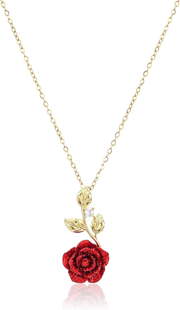 Rose Necklace, Red Rose Necklace Gold Jewelry for Women Aesthetic Flower Pendant for Wife Girlfri... | Amazon (US)