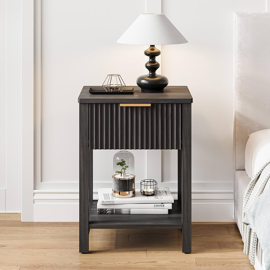 Fluted Nightstands Set of 2, Farmhouse Wood End Table with Drawer, Modern Beside Table with Open ... | Amazon (US)