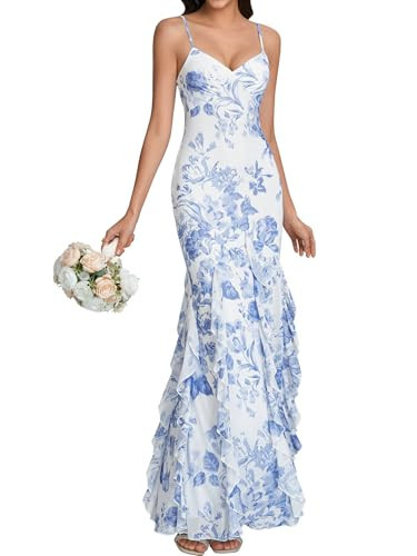 URYIAO Summer Floral Wedding Guest Maxi Dresses for Women Formal Ruffle Bodycon V Neck Cocktail Long Dress XS Bluefloral | Amazon (US)