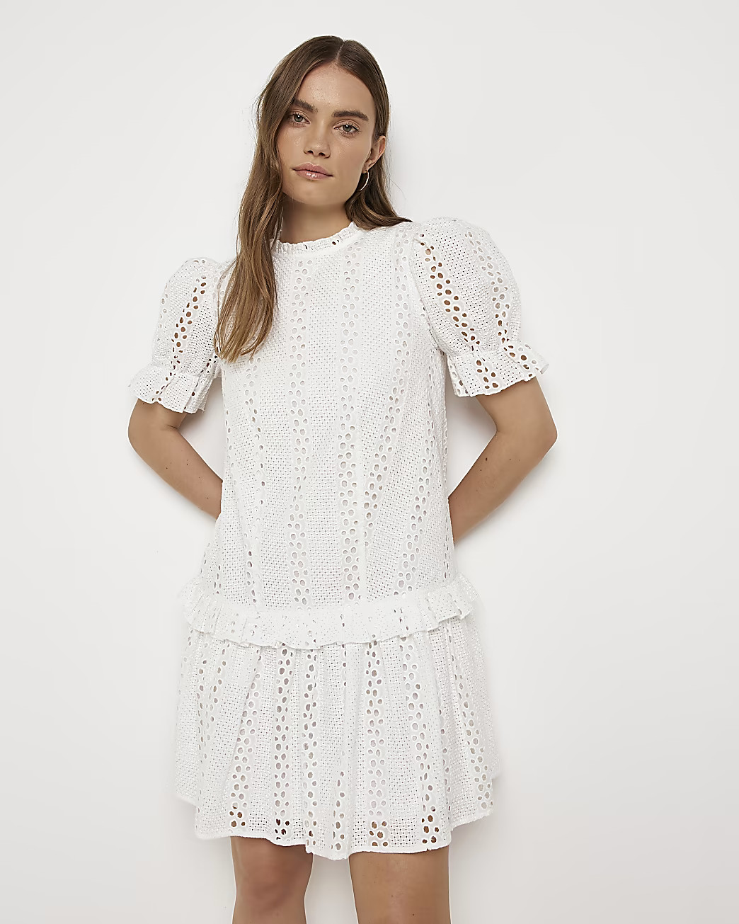 White Broderie Frill Mini Dress | River Island (US)