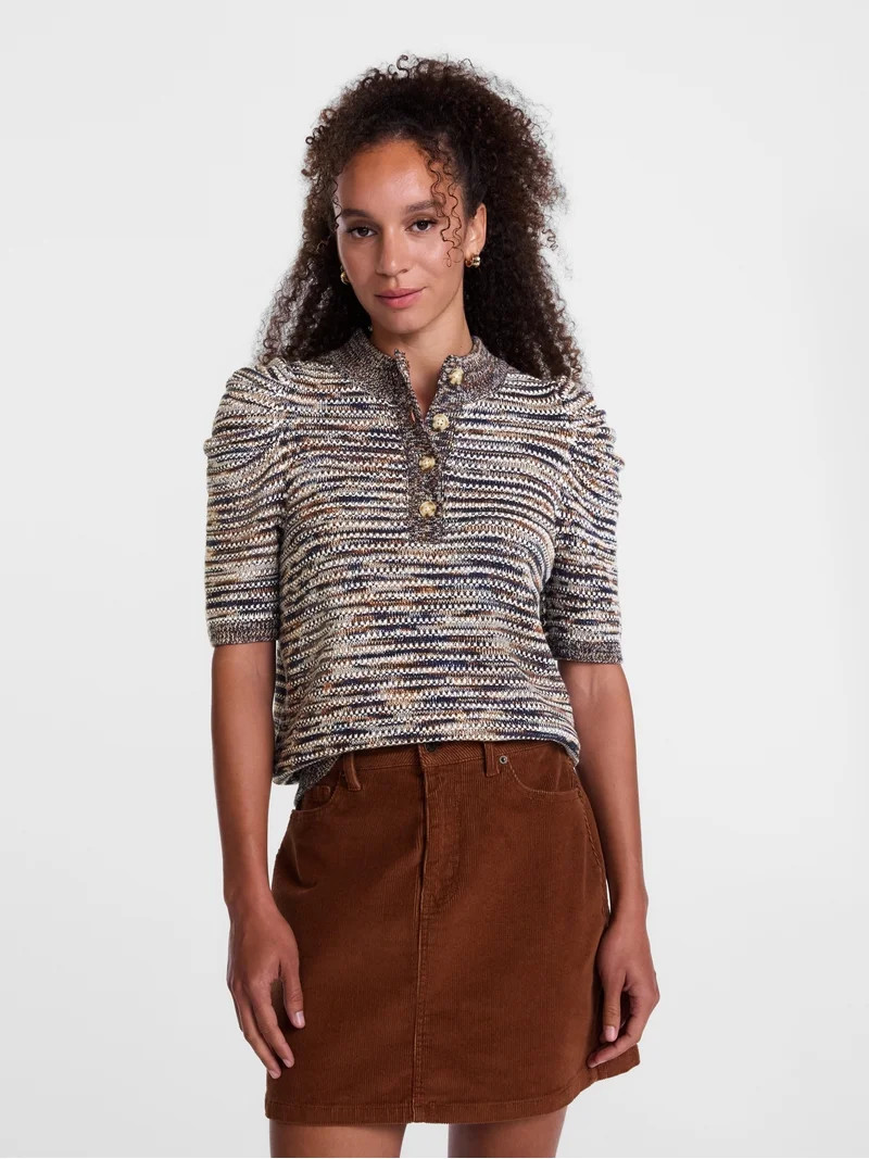 Scenario Women's and Women's Plus Henley Sweater with Puff Sleeves, Lightweight, Sizes XS-4X | Walmart (US)