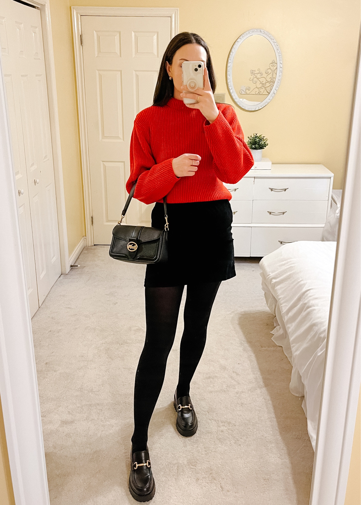 Holiday outfit inspo🤍

Red sweater hm black velvet skirt tights Steve Madden black loafers Christmas Day Eve women’s outfit ideas Pinterest aesthetic black shoulder bag 

#LTKHoliday #LTKstyletip