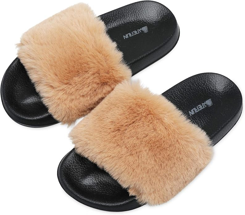 Women's Fuzzy Faux Fur Flat Spa Slide Slippers Open Toe House Indoor Shoes Sandals | Amazon (US)