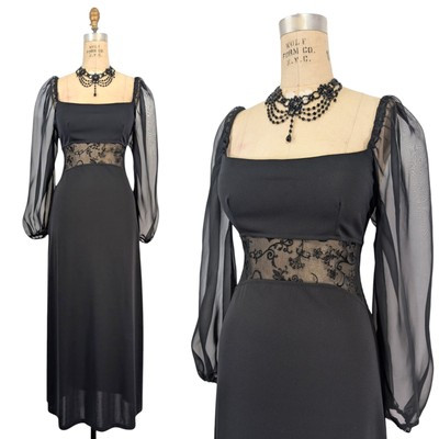 Vtg 90s Prom Dress M/L Sheer Midriff Black Sleeves Long Goth Witchy Square Neck | eBay | eBay US