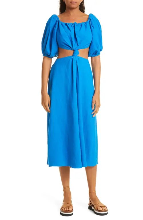 FARM Rio Cutout Waist Linen Blend Dress in Blue at Nordstrom, Size X-Small | Nordstrom