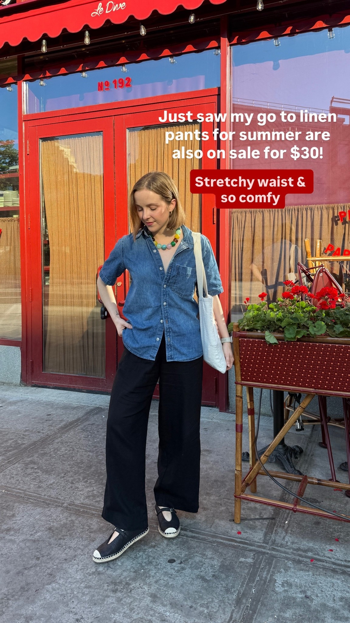 Old navy linen pants on sale for $30! Wearing xs short 
Denim shirt on sale xxs (size down 1)

#LTKootd #LTKSaleAlert #LTKPetite