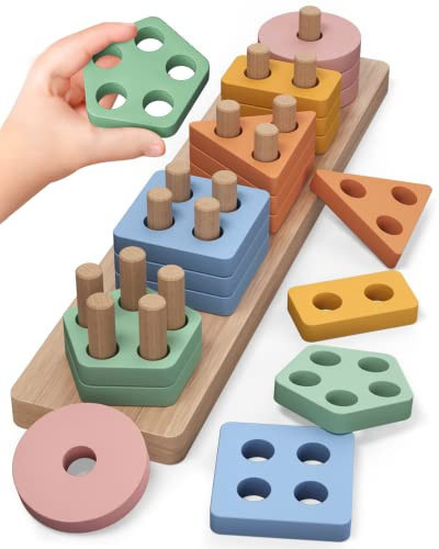 PEBIRA Montessori Toys for 1 2 Year Old, Wooden Sorting and Stacking Toys for Toddlers, Baby Shape Sorter and Color Stacker Blocks for Toddler, Preschool Learning Toy, Gift for 12-18 Month Boys Girls | Amazon (US)