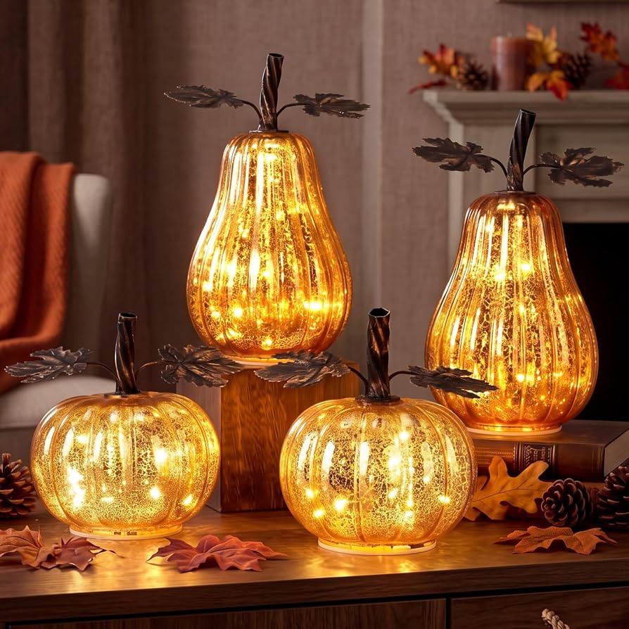Glooglitter 4 Pcs Glass Pumpkin Lighted Fall Thanksgiving Decor,Chocolate     Mercury Twinkling P... | Amazon (US)