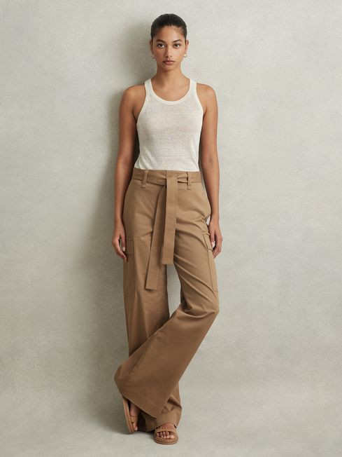 Petite Cotton Blend Wide Leg Cargo Trousers in Camel | Reiss UK