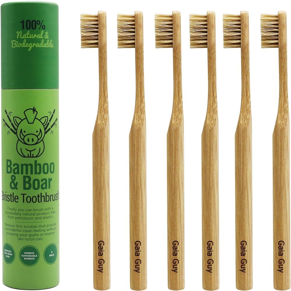 Gaia Guy Natural Bristle Bamboo Toothbrush (NO Nylon - Boar Hair ONLY) - Totally Compostable & Bi... | Amazon (US)