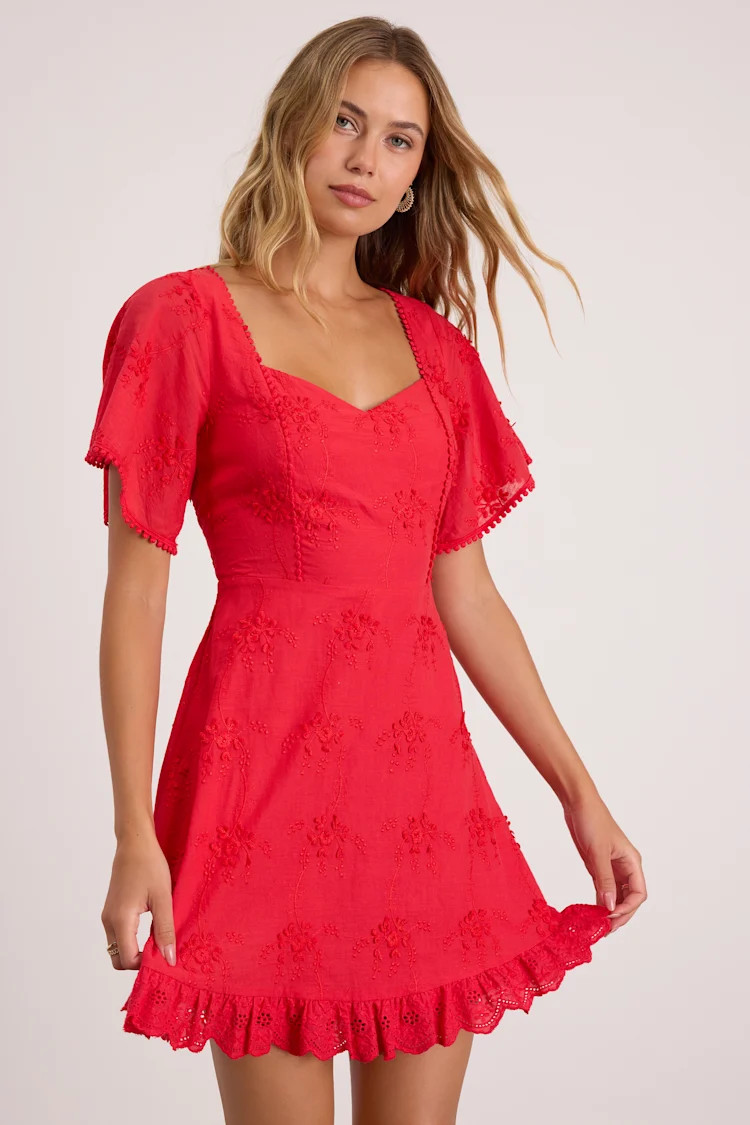Morning in Mallorca Red Eyelet Mini Dress | Lulus