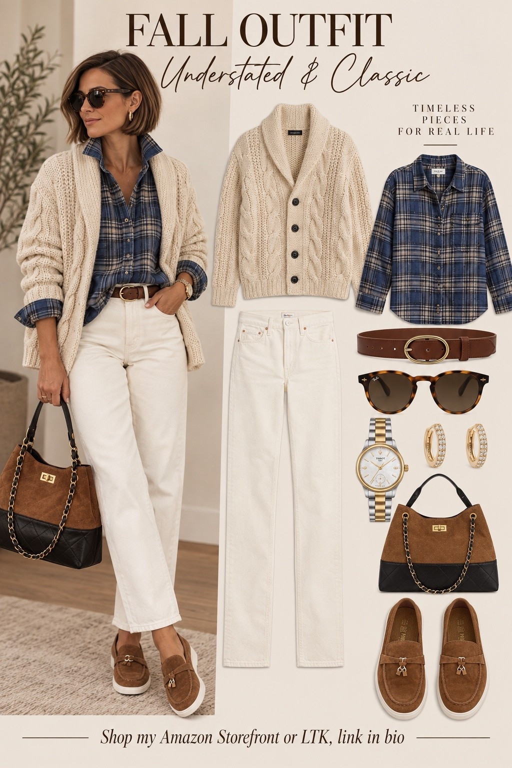 Cozy, classic, and just the right amount of preppy. 🤎 The cable-knit cardigan layered 
over plaid with winter-white denim gives this look that timeless Ralph Lauren-inspired aesthetic—without the Ralph Lauren price tag.

I love pieces like these because they feel special without being overly trendy, and you can mix and match them for years to come. 🍂

#LTKootd #LTKSeasonal #LTKOver40