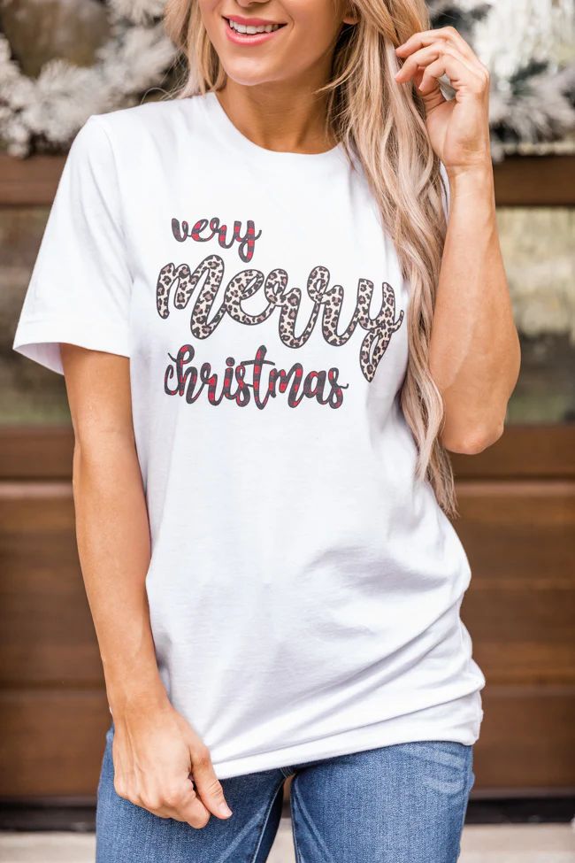 Very Merry Christmas Animal Print/Plaid Graphic White Tee | The Pink Lily Boutique