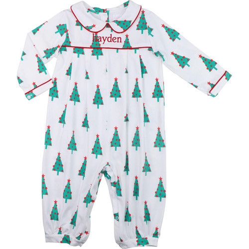 Red And Green Christmas Tree Print Long Romper | Cecil and Lou