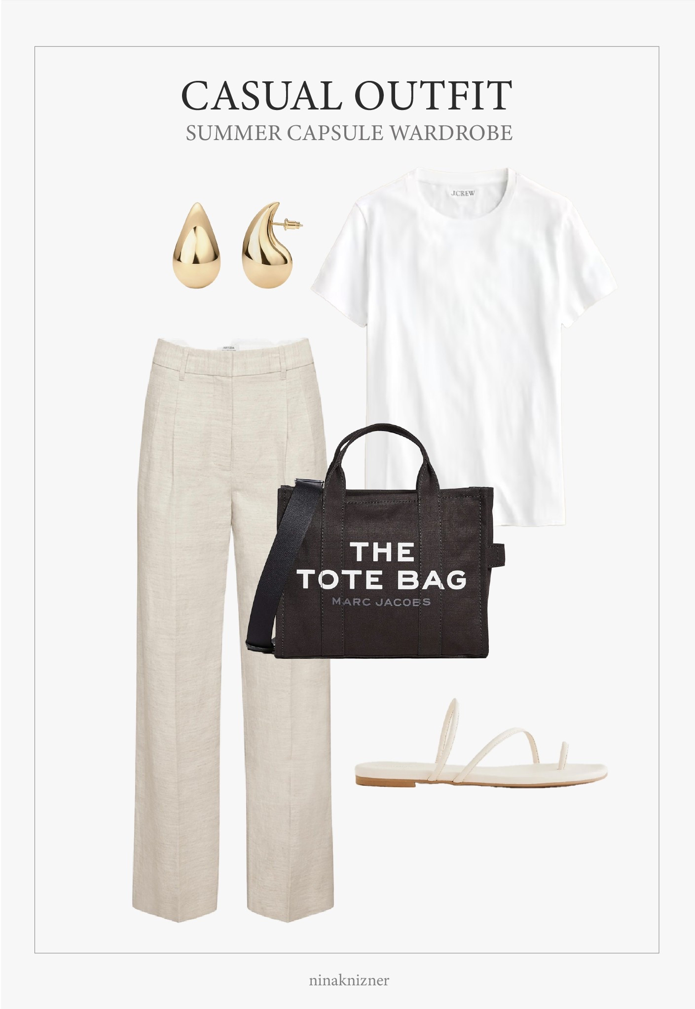 Casual summer outfit. 

White, cotton t-shirt, linen pants, canvas tote bag, strappy sandals, and golden earrings.


#summeroutfit
#capsulewardrobe #modernluxe #quietluxury #neutraloutfits

#LTKSeasonal #LTKTravel #LTKStyleTip