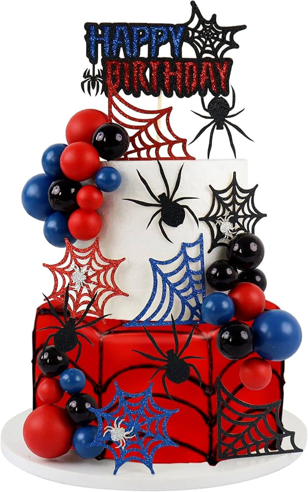 Ercadio 35Pcs Spider Web Birthday Balls Cake Decorations Black Red Blue Multicolor Balls Cake Top... | Amazon (US)