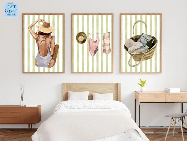 Sage Green Striped Coastal Digital Print, Set of 3 | Trendy Room Decor | Preppy Wall Decor | Wate... | Etsy (US)