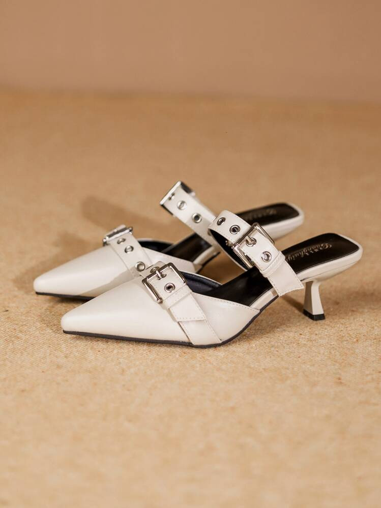 Fashion Double Buckle Point Toe Mule Slip-On High Heel Shoes, Apricot Color Versatile Elegant Sexy Stiletto Slide Sandals For Women, Spring & Autumn,Elegant,Women Pumps | SHEIN