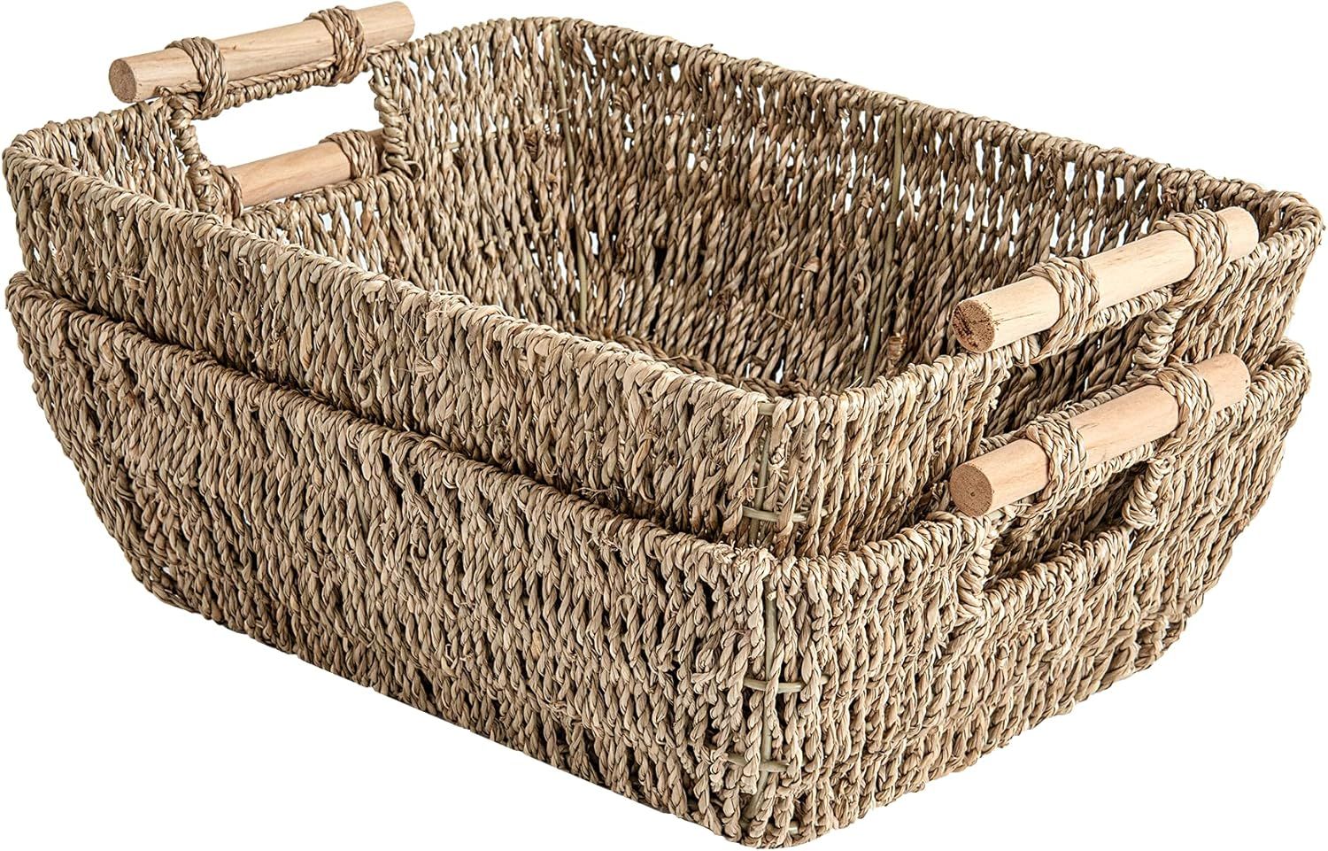 StorageWorks Hand-Woven Large Storage Baskets with Wooden Handles, Seagrass Wicker Baskets for Or... | Amazon (US)