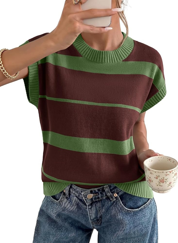 EVALESS Women's Striped Short Sleeve Knit Sweater Top | Amazon (US)