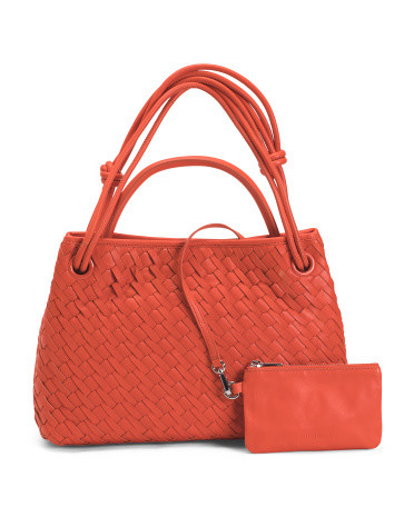 Leather Hazel Handwoven Multi-compartment Tote With Pouch | TJ Maxx