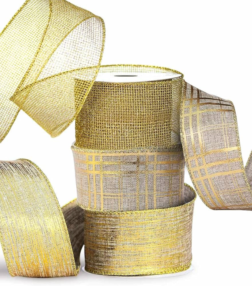 Gold Ribbon Wired Christmas Tree Ribbon 2.5 Inch Xmas Ribbons 3 Rolls 18 Yards Burlap Organza She... | Amazon (US)