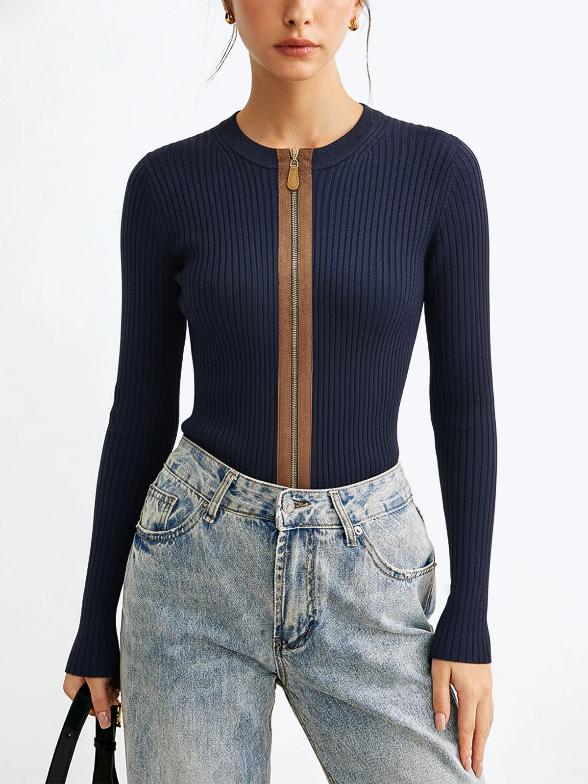 Zip-Front Suede Panel Ribbed Knit Top | Commense