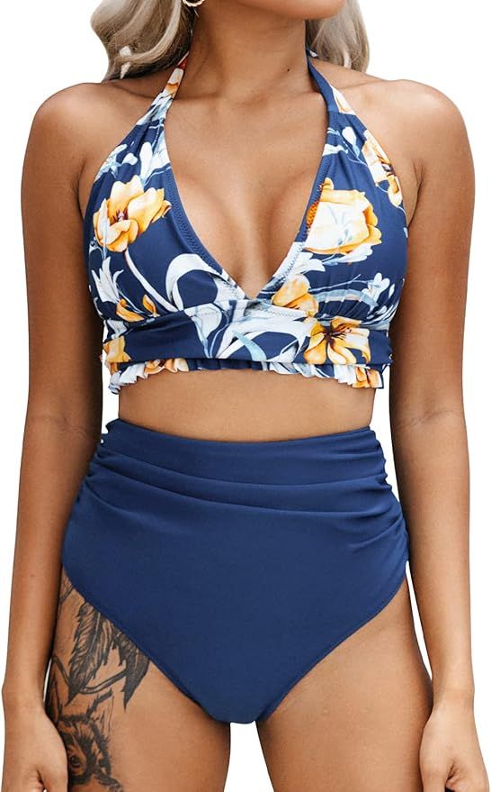 CUPSHE Women's Halter Bikini Ruched High Waisted Swimsuits | Amazon (US)
