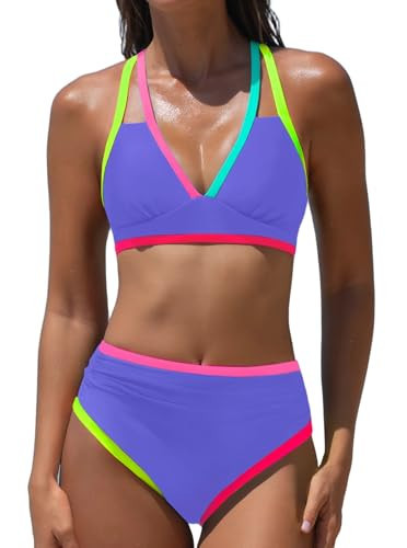 popvil High Waisted Bikini Sets: Neon Swimsuits for Women Tummy Control Push Up Two Piece Slimming Modest Bathing Suits Ladies Summer Beach (Purple) | Amazon (US)