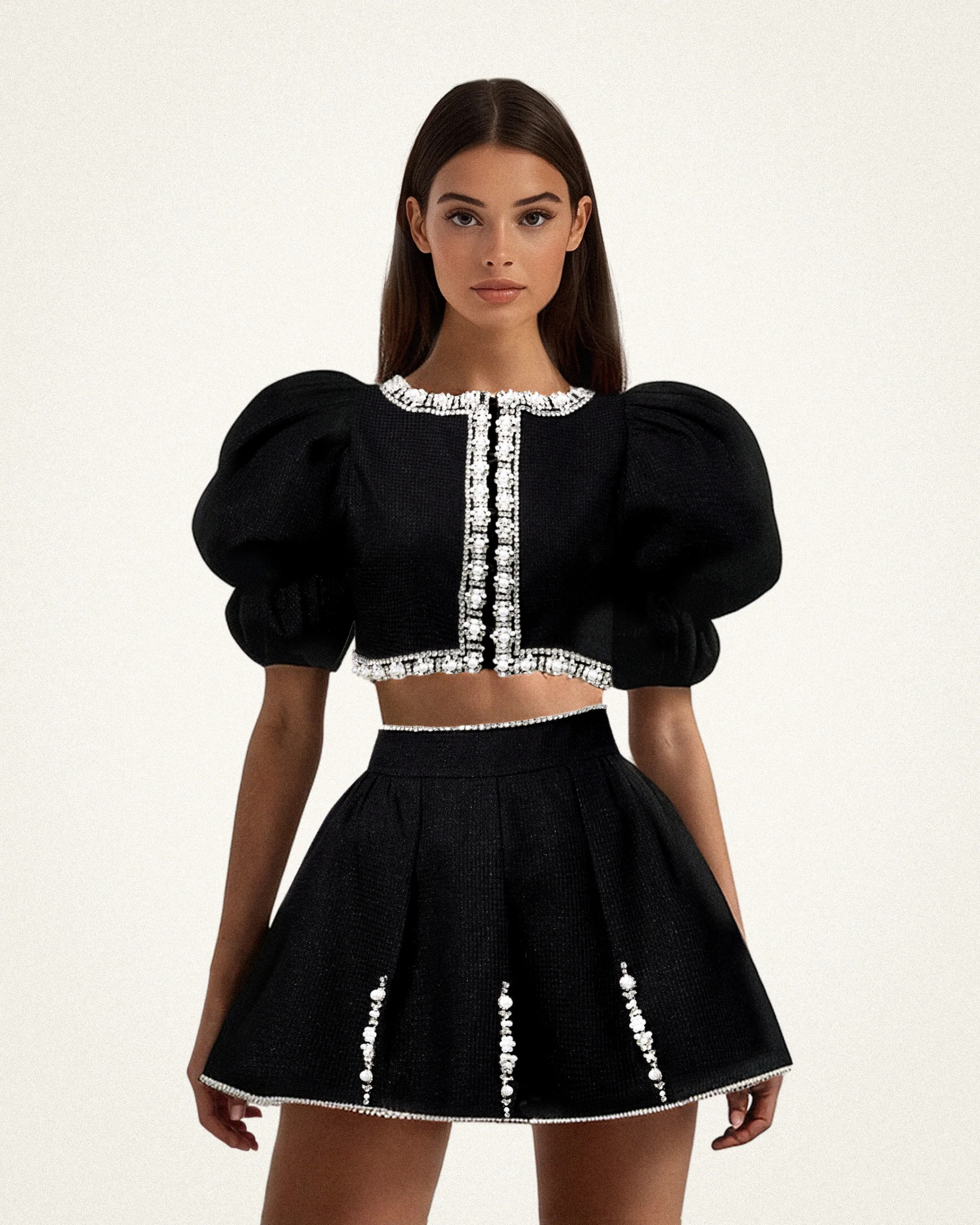 Pearl-Embellished Tweed Set - Black | JW PEI US