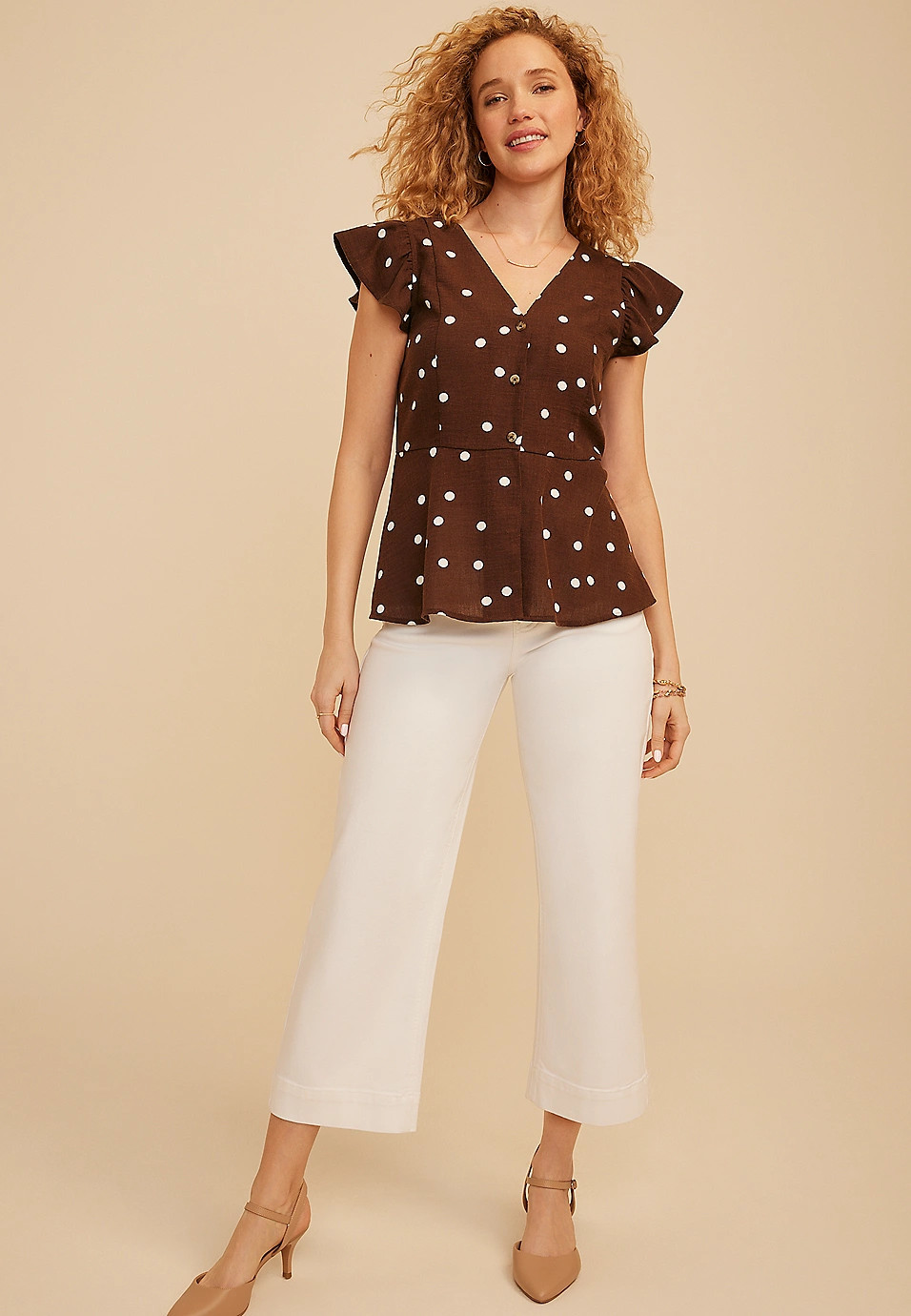 Polka Dot Ruffle Sleeve Blouse | Maurices