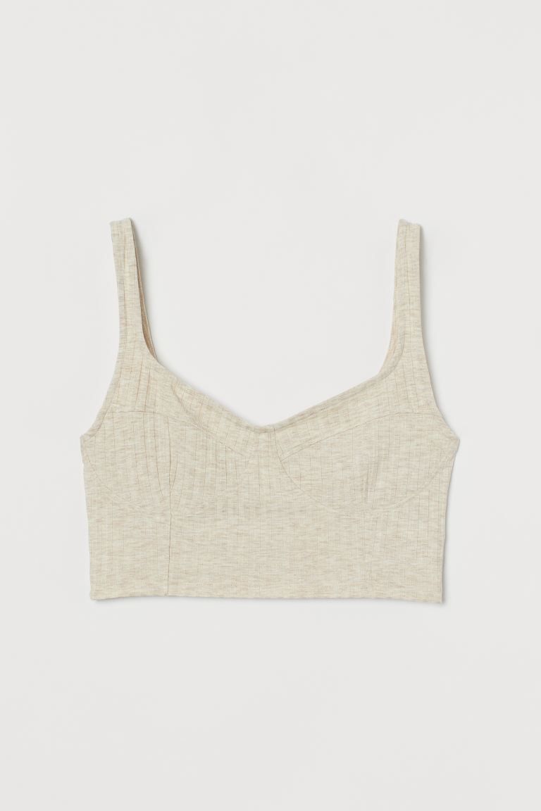 Crop tank top in soft, ribbed jersey with a sweetheart neckline and shaped cups. | H&M (US + CA)