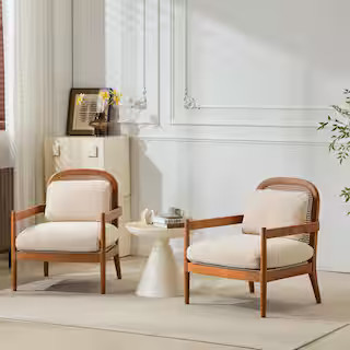 Susan Indoor Walnut Solid Wood Accent Chair with Rattan Backrest, Beige Striped Fabric Upholstere... | The Home Depot