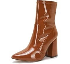 PiePieBuy Womens Pointed Toe Ankle Boots Chunky Heel Zipper Faux Leather Winter Chelsea Boots | Amazon (US)