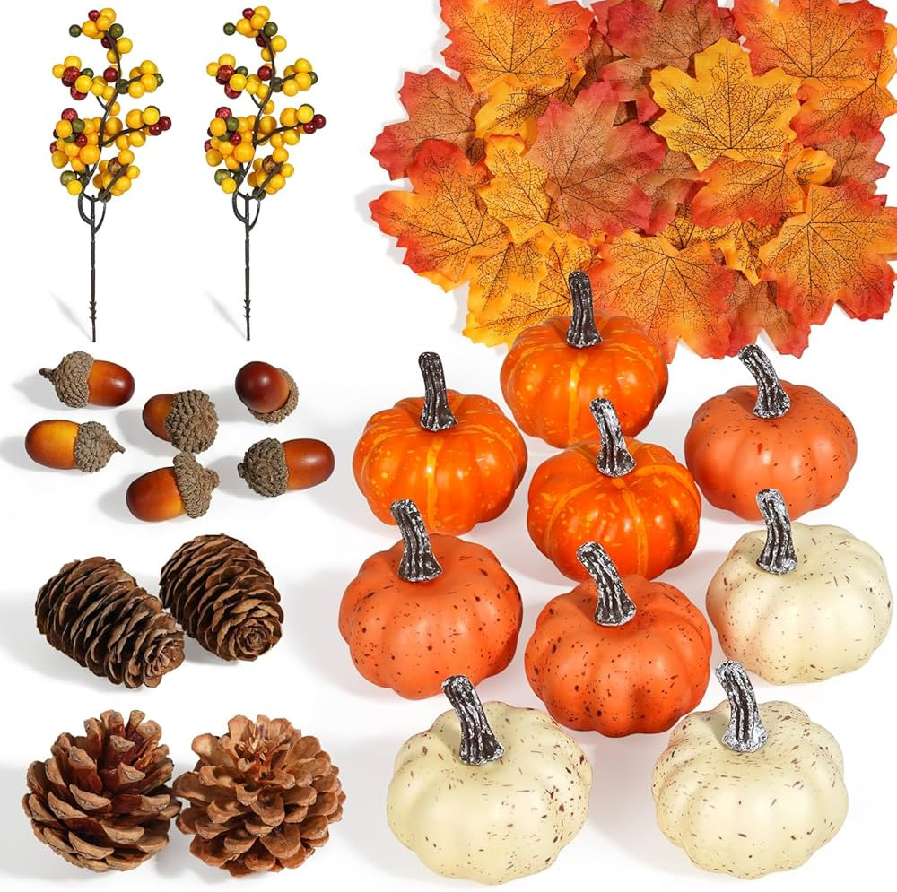 Artmag 51 PCS Artificial Pumpkins, Fall Harvest Decorations with Acorns, Pinecones, Berries, Mapl... | Amazon (US)