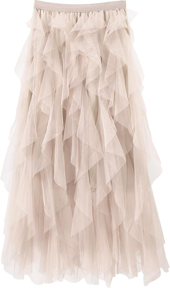 Women Tulle Skirts Layered Tutu Skirt Midi Length Elastic High Waist A Line Skirt | Amazon (US)