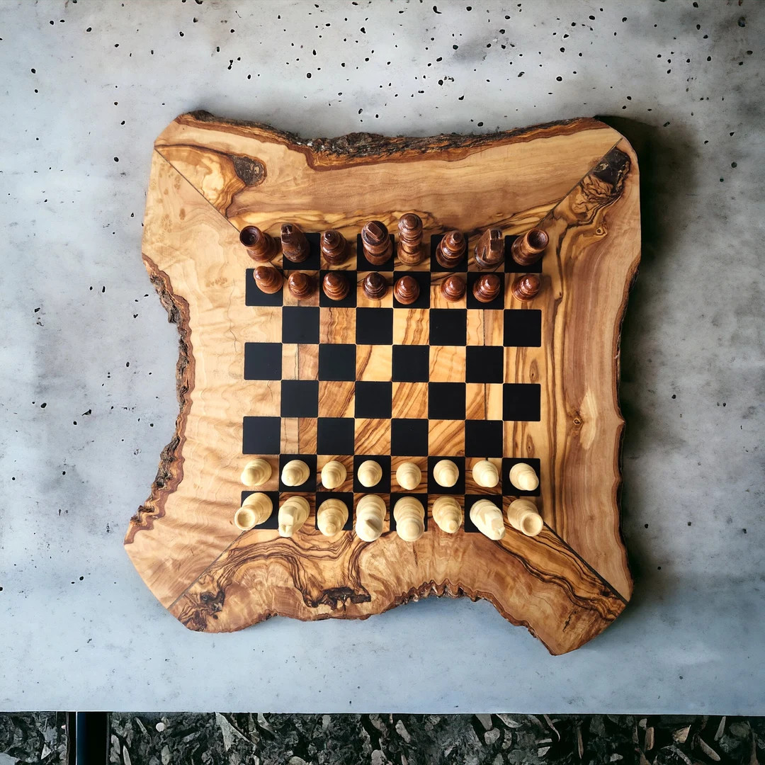 Artisanal Olive Wood Chess Board - 32 Pieces : Live Edge Elegance With Vibrant Epoxy Squares. Cus... | Etsy (US)