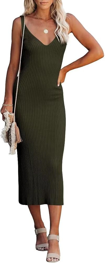 Lacozy Women's 2025 Summer Bodycon Midi Dress Sexy V-Neck Sleeveless Sweater Dress Casual Tank To... | Amazon (US)