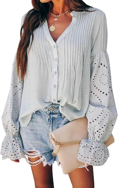 Canikat Women's V Neck Lace Crochet Flowy Bell Sleeve Button Down Casual T Shirts Blouses Tops | Amazon (US)