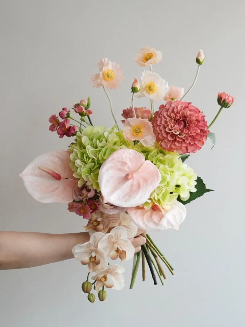 Real Touch Flower Bouquet, Anthurium, Hydrangea, Poppy, Dahlia, Orchid, Summer Centerpiece, Weddi... | Etsy (Global)
