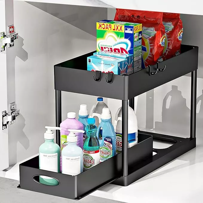 PUILUO Under Sliding Cabinet Basket Organizer, 2 Tier Under Sink Organizers  Black Under Sink Storage for Bathroom Kitchen