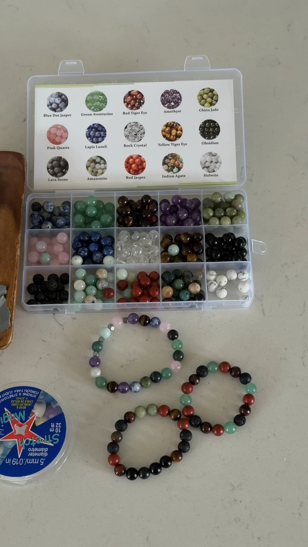 Rainy day activity that kept little hands busy and created something beautiful. 

We made bracelets using real stone beads and the difference is honestly stunning. The colors and natural variations make them look so much more special than standard plastic beads.