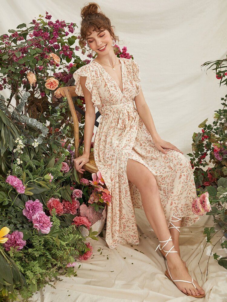 Ruffle Armhole Belted Wrap Hem Floral Dress | SHEIN