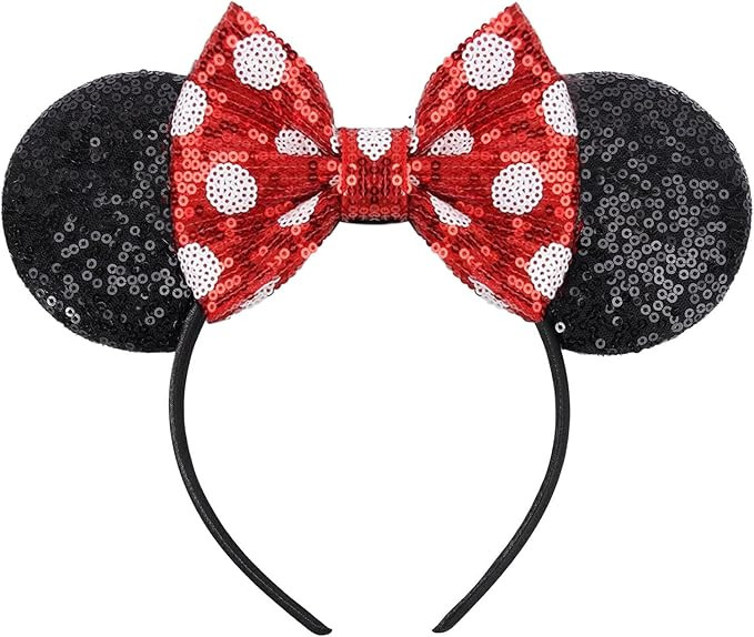 MADO Mouse Ears Headband, Princess Dress Up Hair Accessory for Women Girls, Black and Red Dots | Amazon (US)