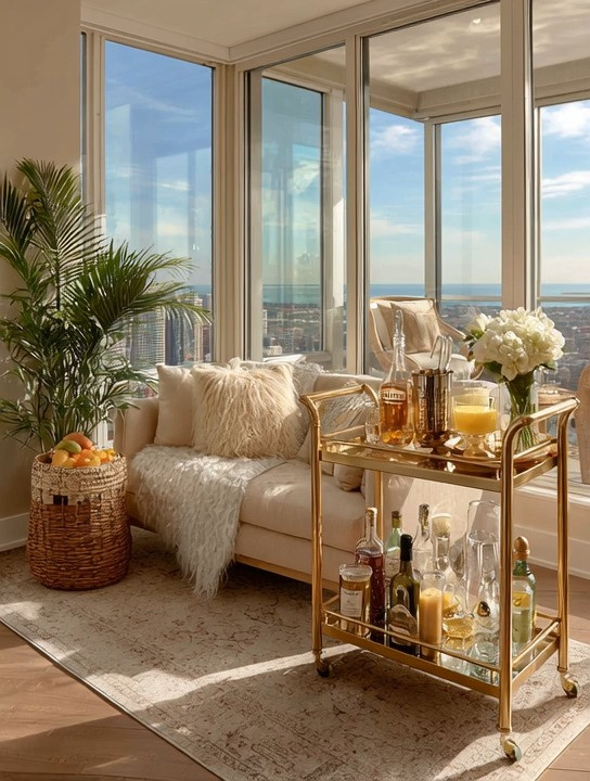 High-rise entertaining, done right.
This luxury bar cart setup turns a simple living room corner into a hotel-inspired home moment. A gold bar cart layered with glassware, bottles, and candles adds instant glamour, while the ivory sofa, soft textures, and indoor greenery keep the look warm and inviting. Paired with floor-to-ceiling windows, this setup feels elevated yet effortless — perfect for hosting, unwinding, or simply enjoying the view.

This is modern luxury home décor at its best: functional, stylish, and timeless. One statement bar cart can completely transform your space.

#LuxuryHomeDecor #BarCartStyling #GoldBarCart #HighRiseLiving #HotelInspiredHome #ModernLuxuryDecor #LivingRoomInspo #EntertainingAtHome #InteriorStyling #StatementPieces #HomeDecorIdeas #CityViewLiving #TimelessInteriors #ElegantHome 

 #LTKHome