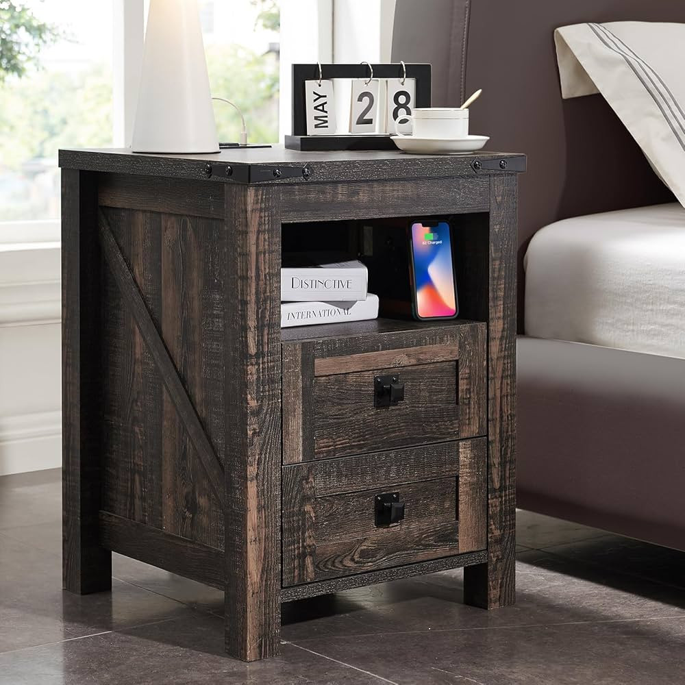 T4TREAM Nightstand with Charging Station, End Table, Side Table with 2 Drawers Storage Cabinet fo... | Amazon (US)
