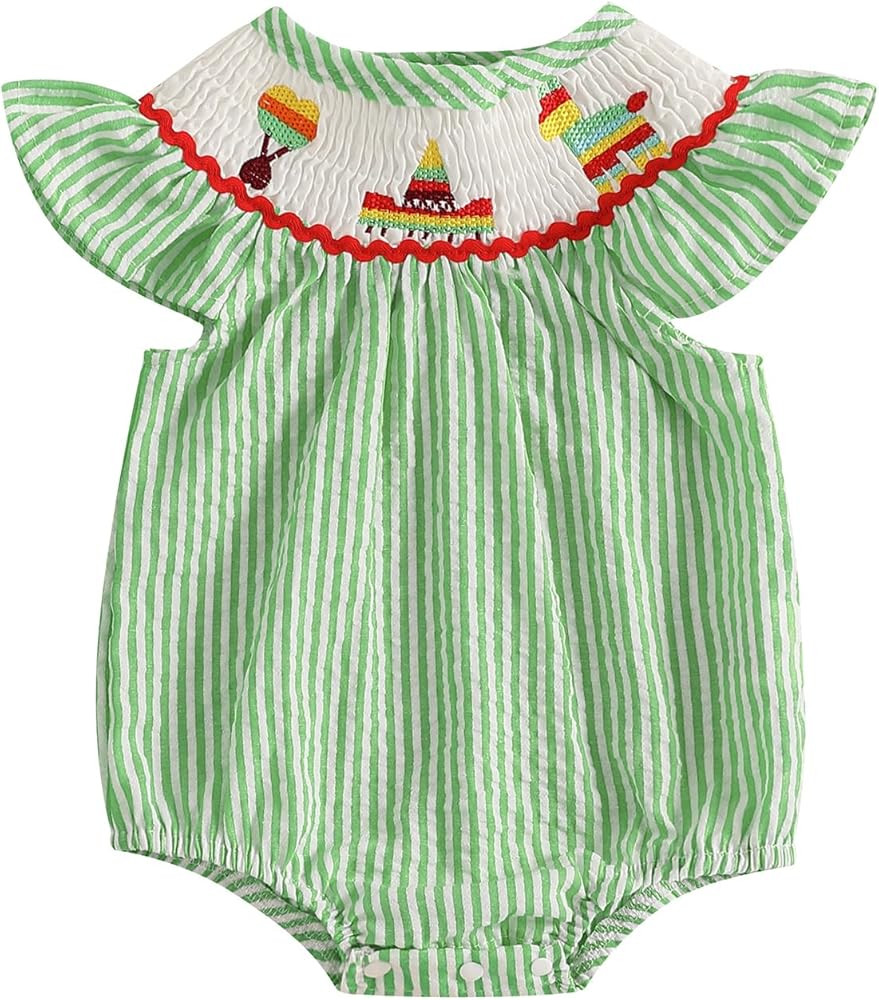 Gueuusu Fiesta Baby Girl Outfit Striped Flutter Sleeve Embroidery Seersucker Smocked Bubble Rompe... | Amazon (US)