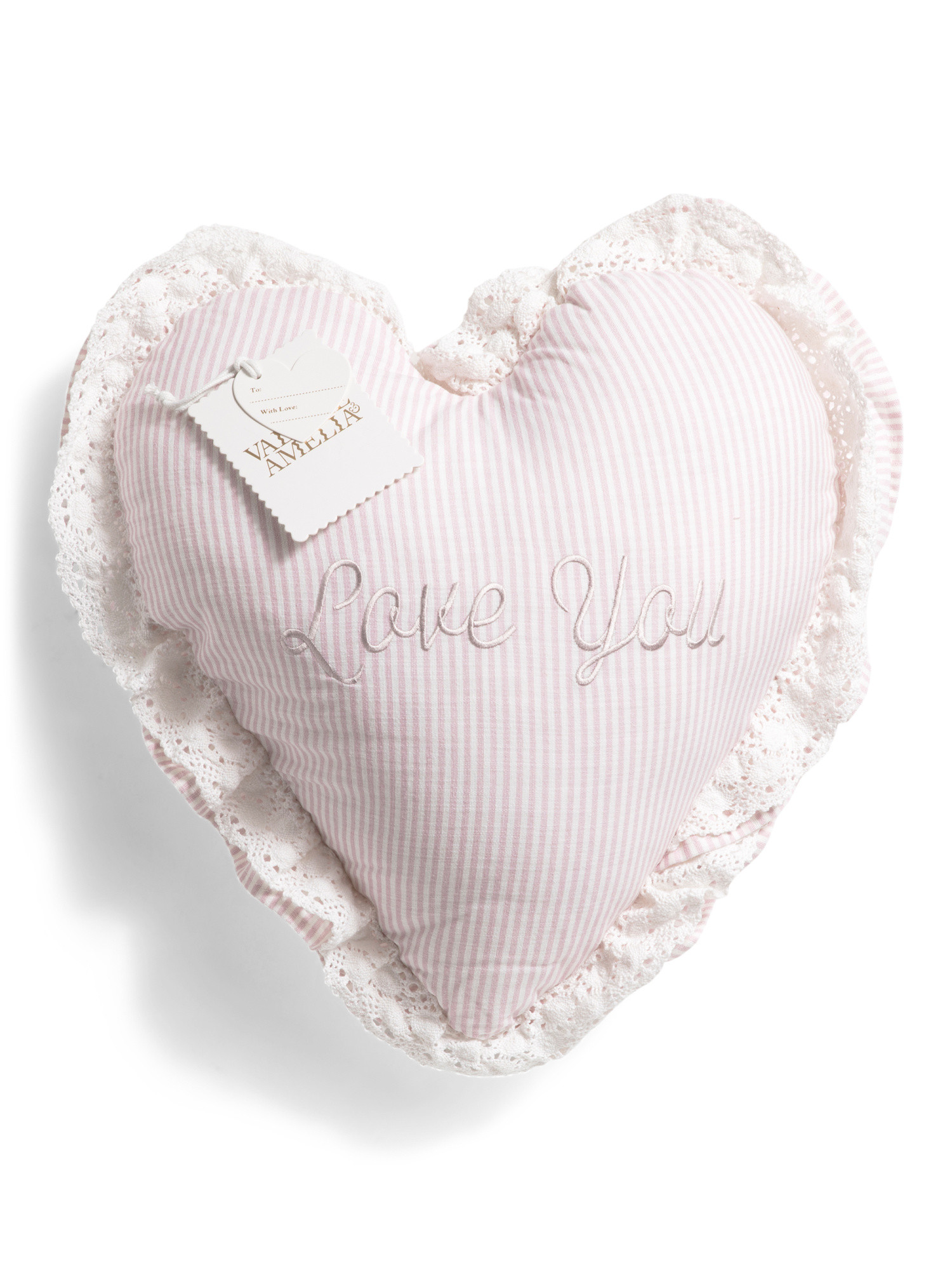 18x18  Embroidered Love You Striped Heart Shaped Pillow With Lace Trim | Throw Pillows | Marshall... | Marshalls