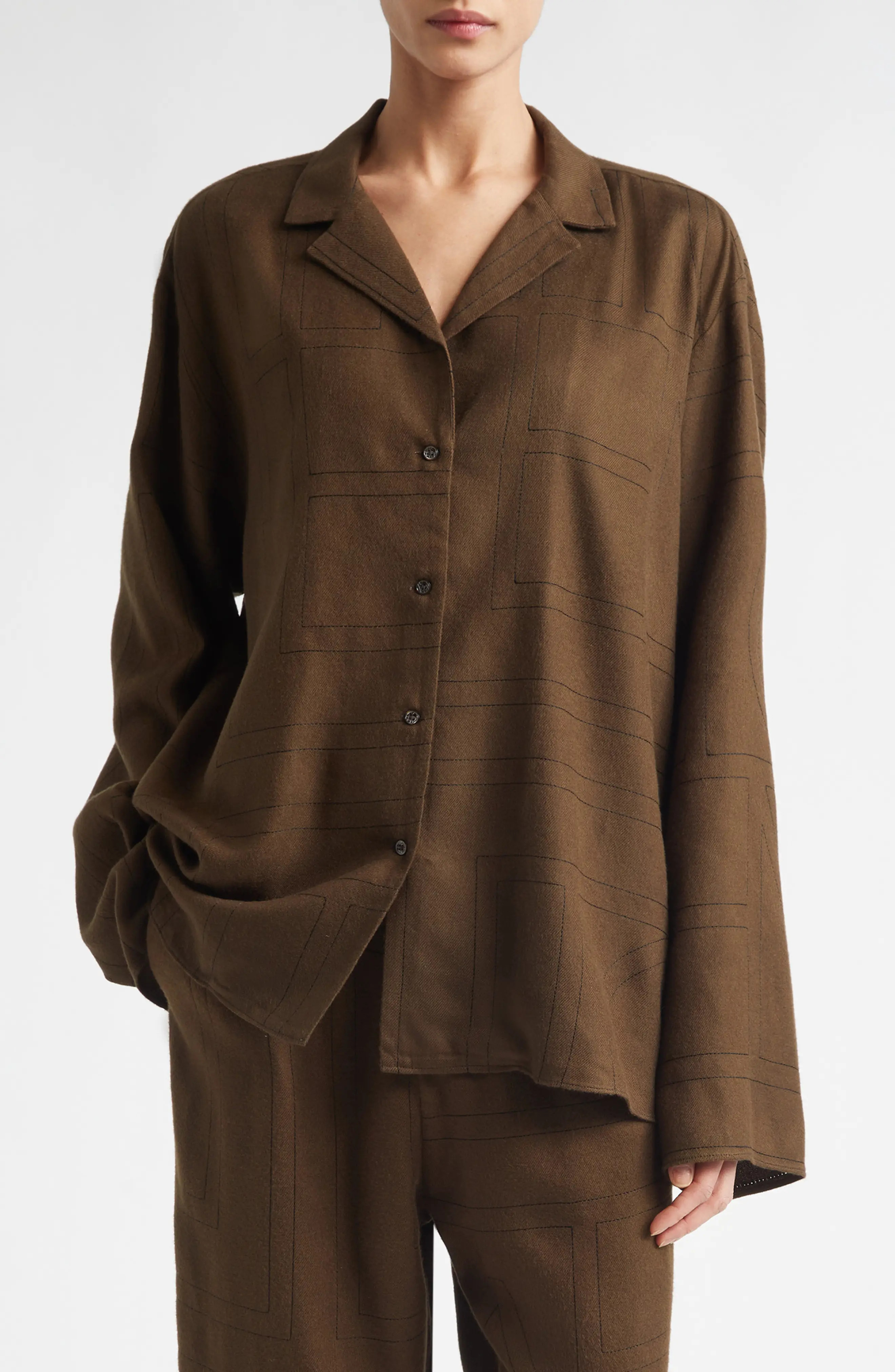 TOTEME Monogram Embroidered Flannel Button-Up Shirt in Dark Brown at Nordstrom, Size 10 Us | Nordstrom